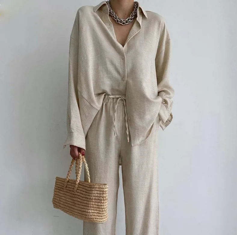 Zweiteiliges Damenanzug-Set aus Leinenmischung mit Kordelzug | Lässiger Chic für Komfort und Stil 0
