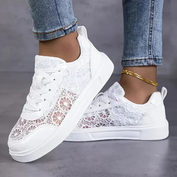 Sneaker Damen Leicht Atmungsaktiv Blumen-Spitzenmuster