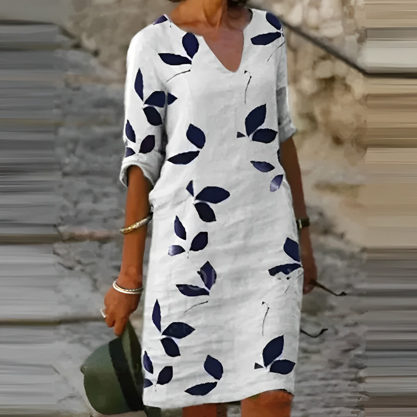 Sommerkleid Damen A-Linie V-Ausschnitt Freizeit Blattmuster