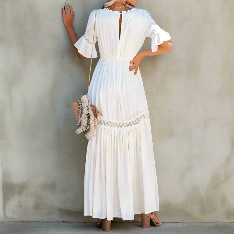 Maxikleid Damen Spitzen V-Ausschnitt Floßärmel Frühling & Sommer