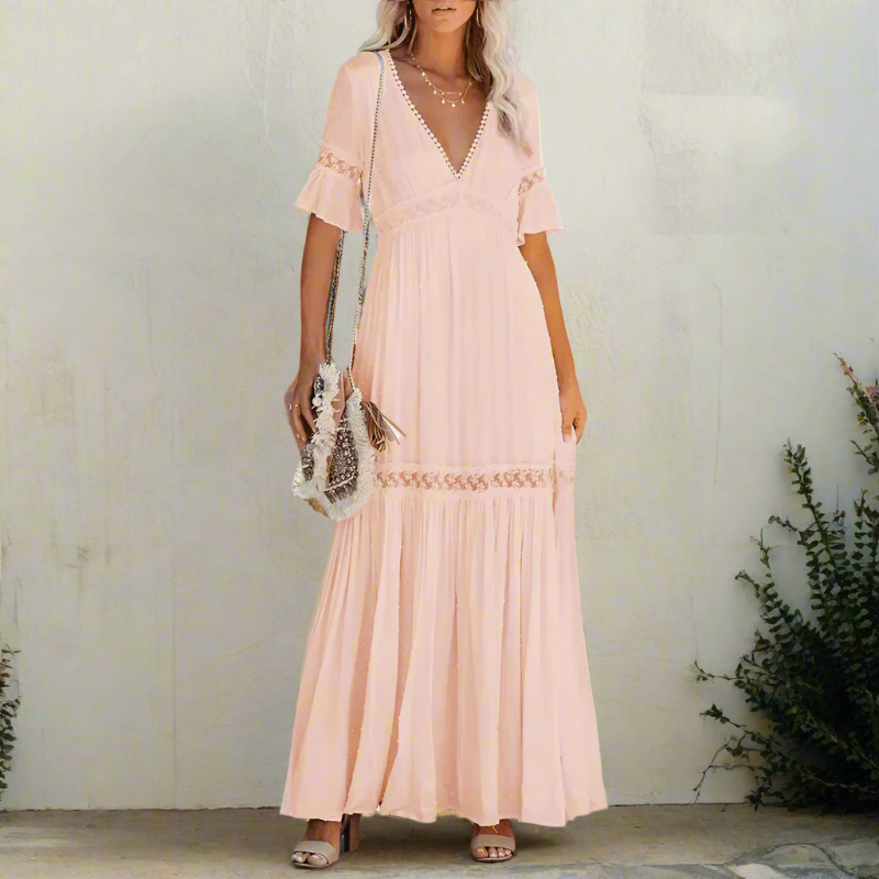 Maxikleid Damen Spitzen V-Ausschnitt Floßärmel Frühling & Sommer