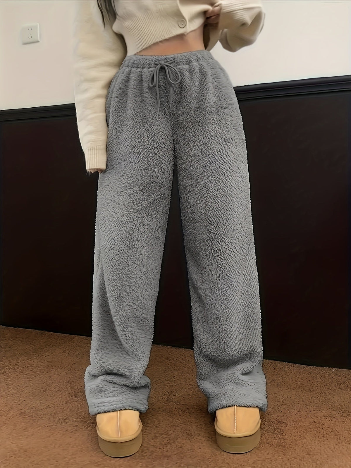 Teddy Jogginghose Loungehose Damen Relaxed Fit Winter Casual Teddy Sherpa