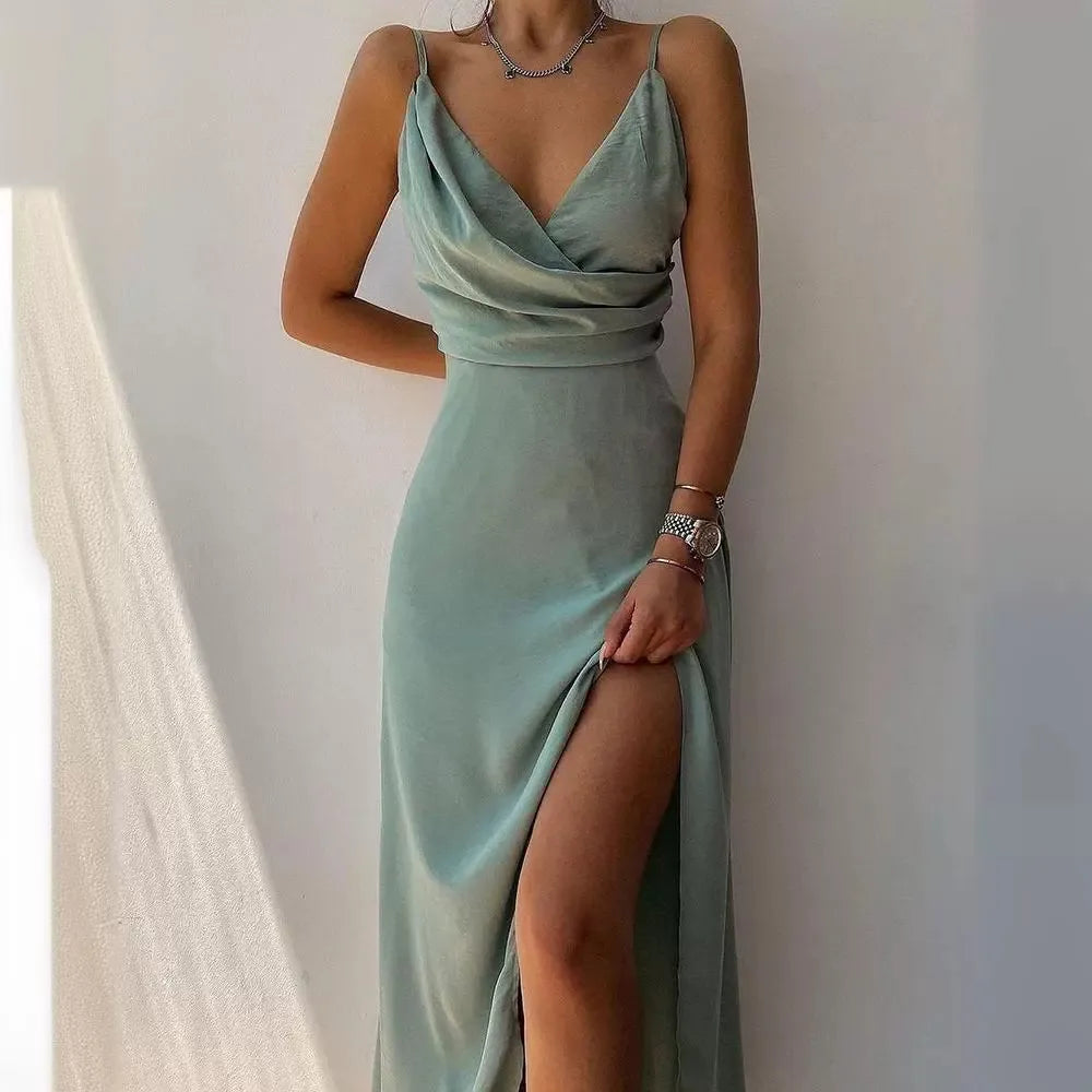 Sommerkleid Damen Slim Fit V-Ausschnitt Spaghettiträger Schlitz