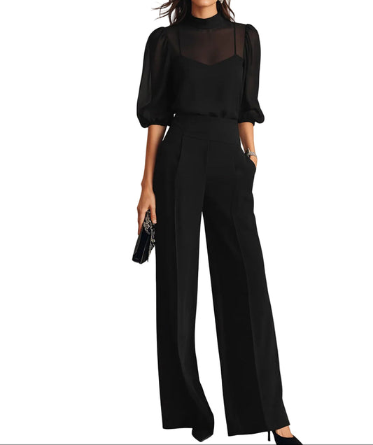 Ensemble trois pièces Femme Haut transparent Pantalon large Élégant
