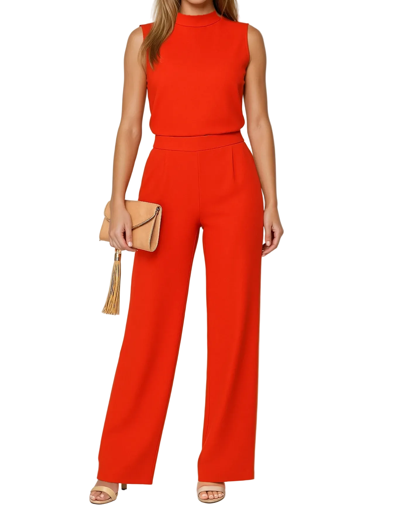 Jumpsuit Damen Ärmellos Stehkragen Weite Beinform Lang