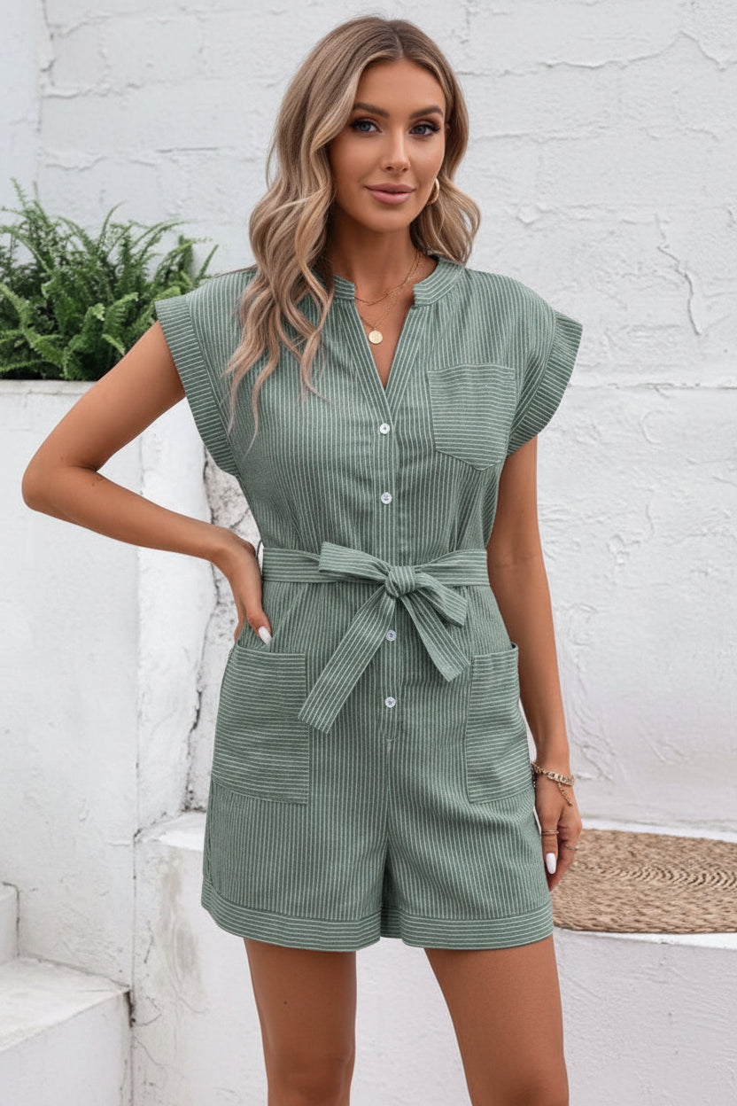 Jumpsuit Damen Kurzarm Mit Knopfleiste Und Taillenband
