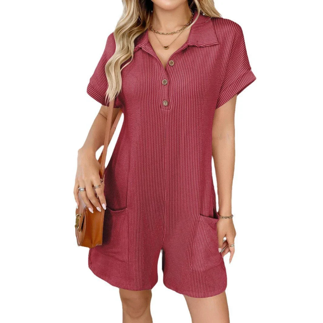 Jumpsuit Damen Kurzarm Mit Knopfleiste Und Taillenband