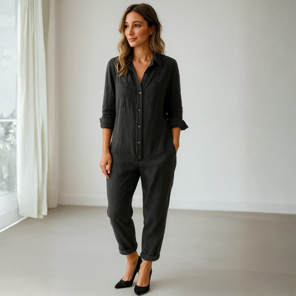 Jumpsuit Damen Regular Fit Freizeit mit Knopfleiste und Kragen