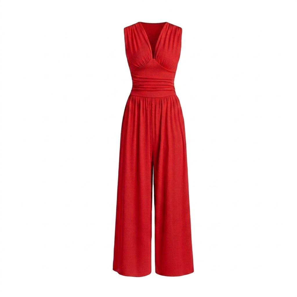 Jumpsuit Damen Ärmellos V-Ausschnitt Weit Bein Freizeit