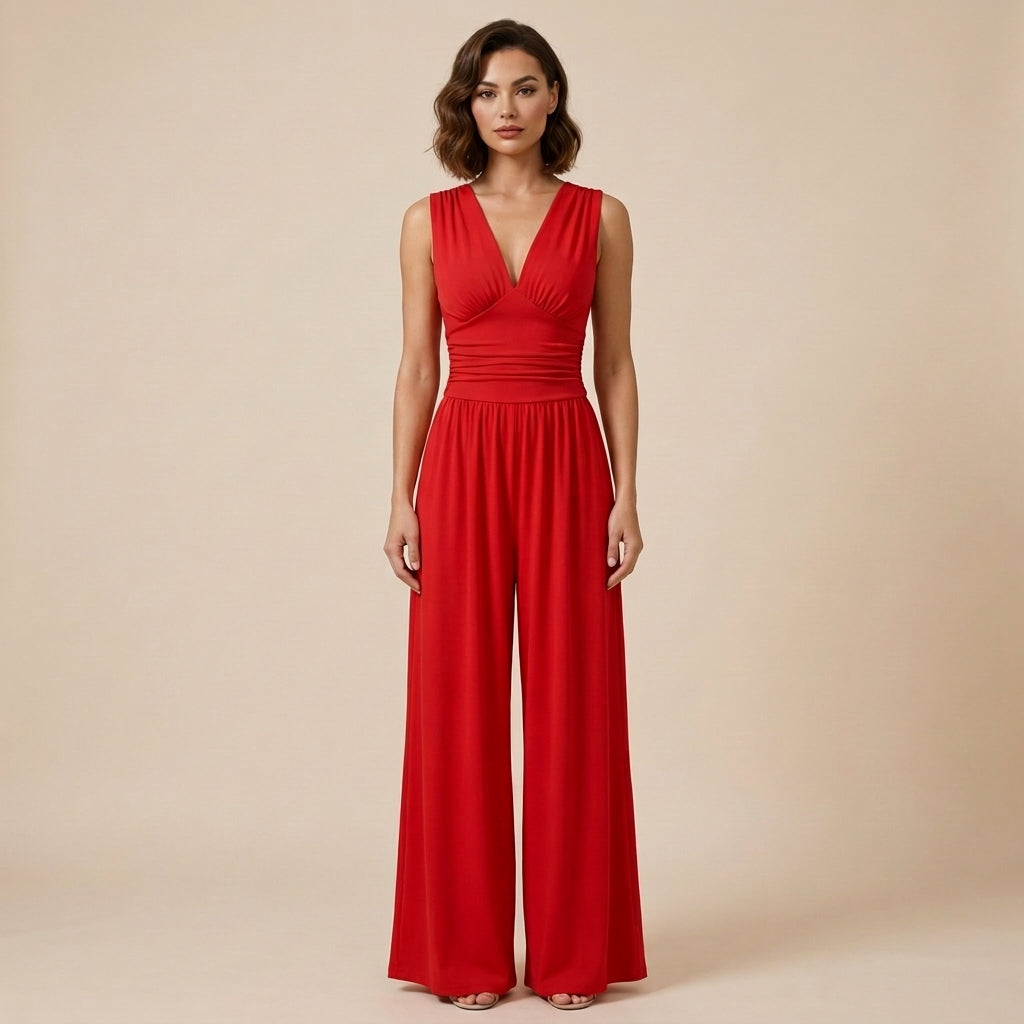 Jumpsuit Damen Ärmellos V-Ausschnitt Weit Bein Freizeit