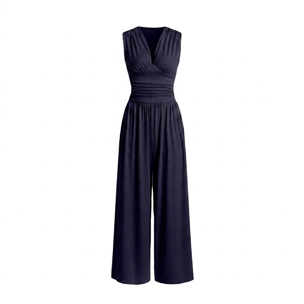 Jumpsuit Damen Ärmellos V-Ausschnitt Weit Bein Freizeit