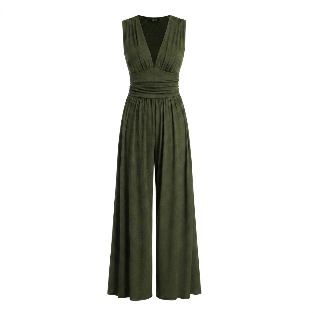 Jumpsuit Damen Ärmellos V-Ausschnitt Weit Bein Freizeit