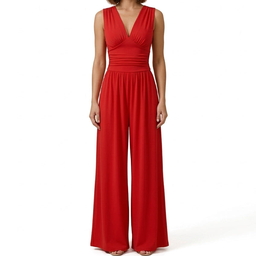 Jumpsuit Damen Ärmellos V-Ausschnitt Weit Bein Freizeit