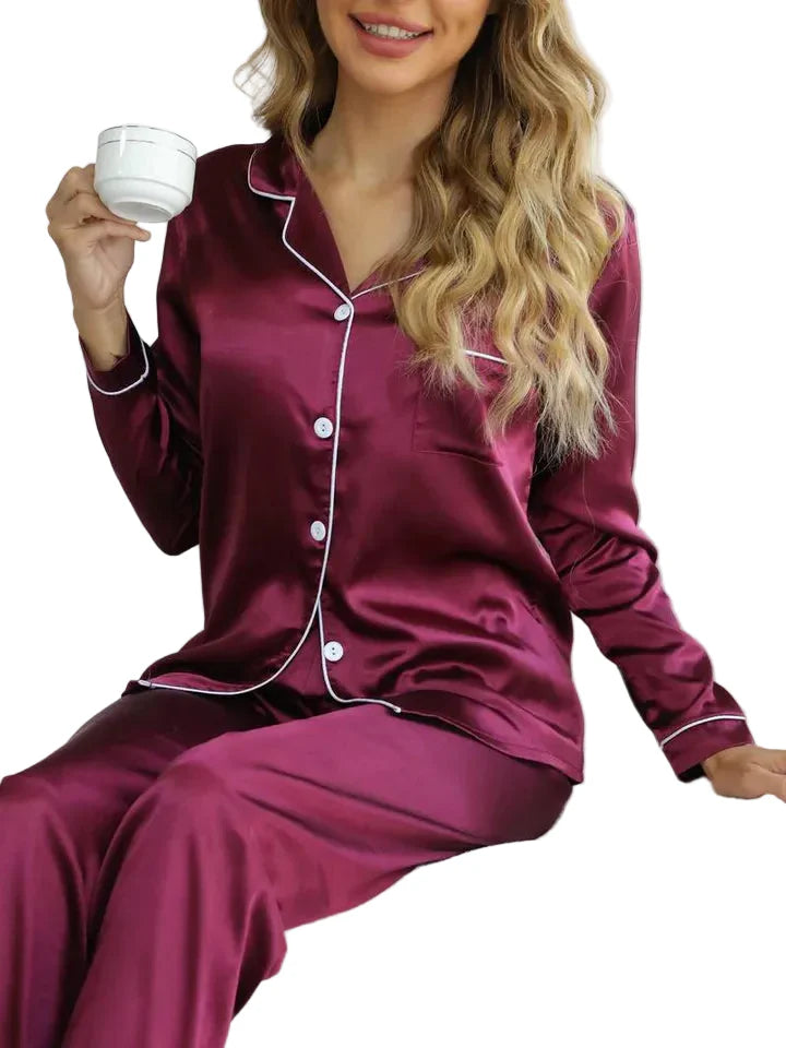 Pyjama Set Damen Langarm Reverskragen Freizeit