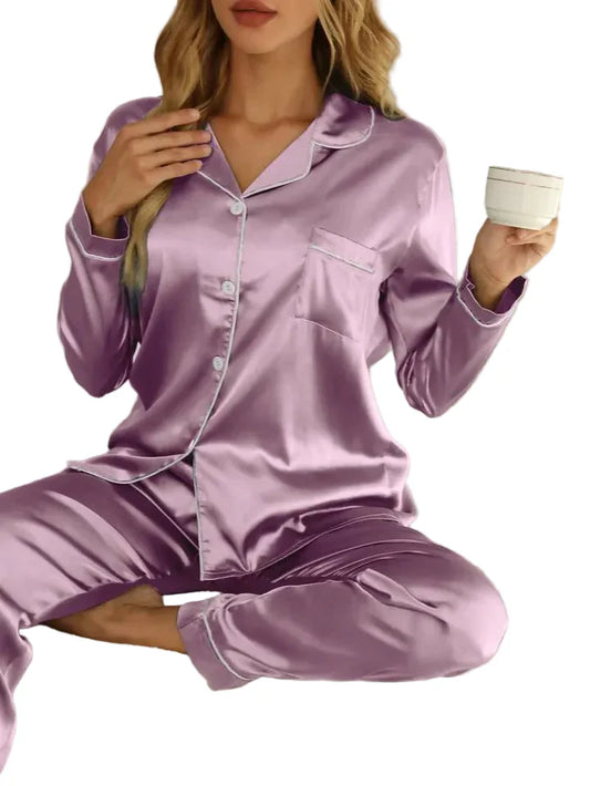 Ensemble de pyjama pour femme - manches longues, col à revers, décontracté