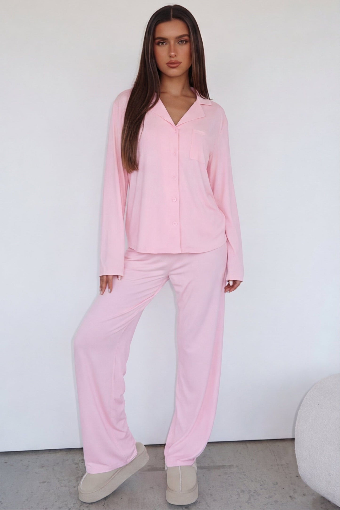 Zweiteiler Damen Langarm Pyjama Knopfleiste Reverskragen