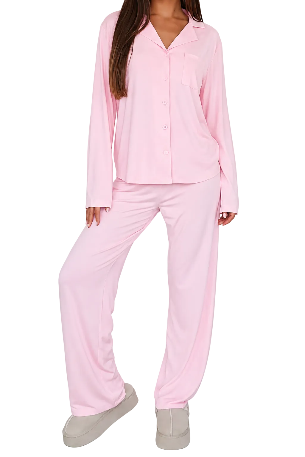 Zweiteiler Damen Langarm Pyjama Knopfleiste Reverskragen