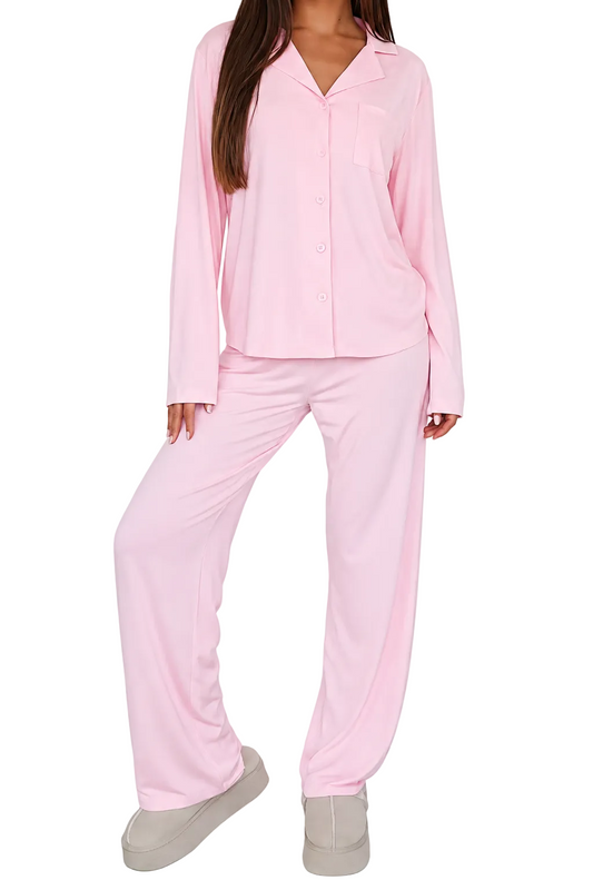 Zweiteiler Damen Langarm Pyjama Knopfleiste Reverskragen