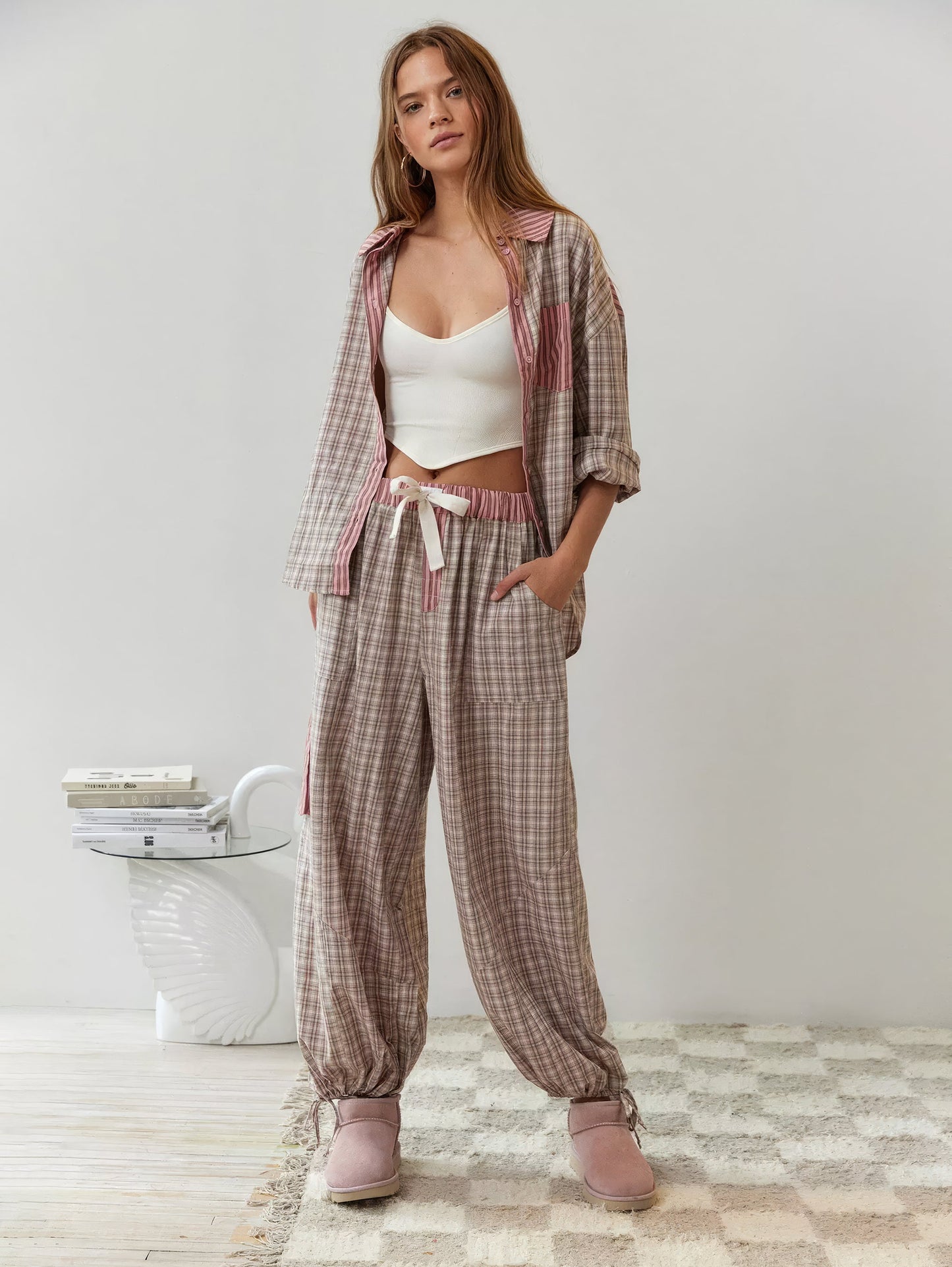 Schlafanzug Set Damen Langarm Knopfhemd Elastische Hose Regular Fit