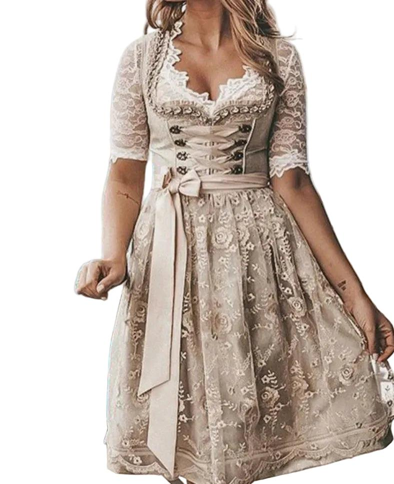 Dirndlkleid Damen Tailliert Schnürmieder Spitzenbluse Freizeit