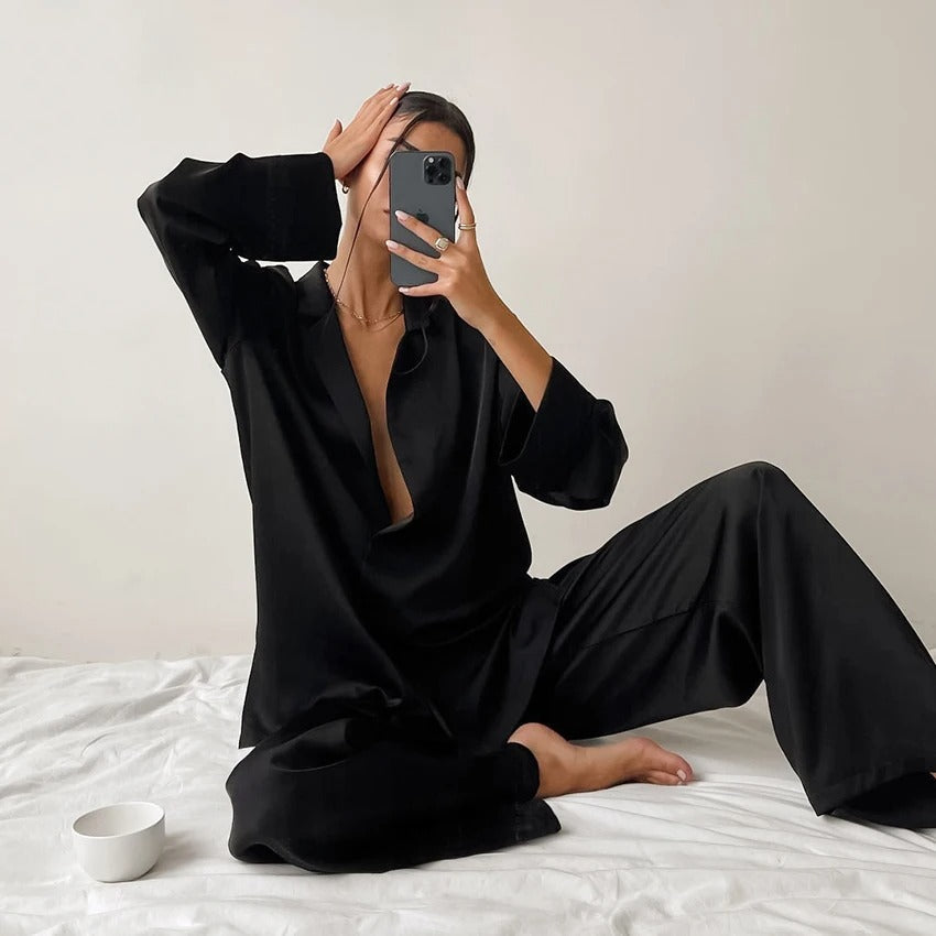 Zweiteiler Damen Hemd Langarm Hose Weit Freizeit