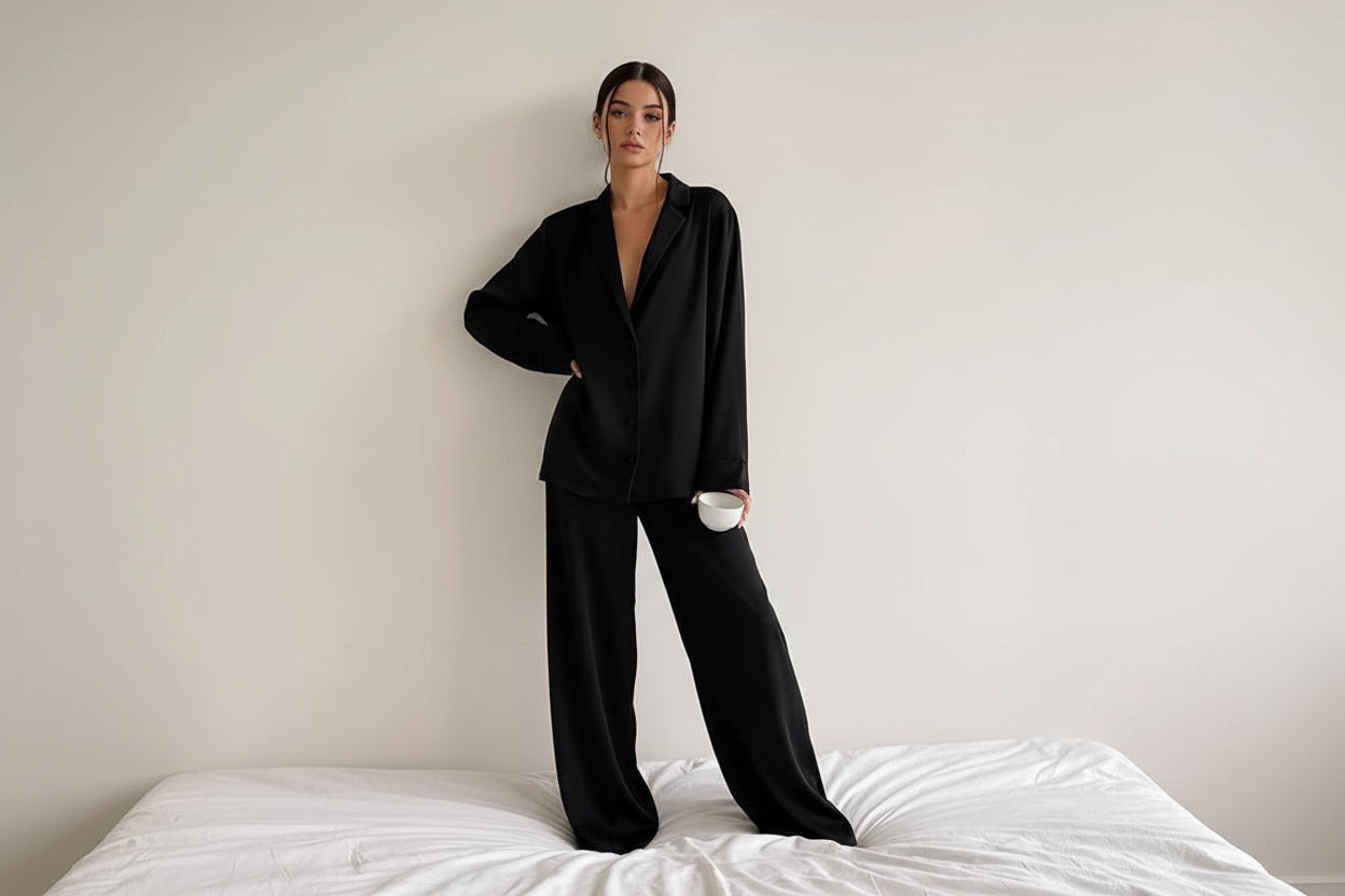 Zweiteiler Damen Hemd Langarm Hose Weit Freizeit