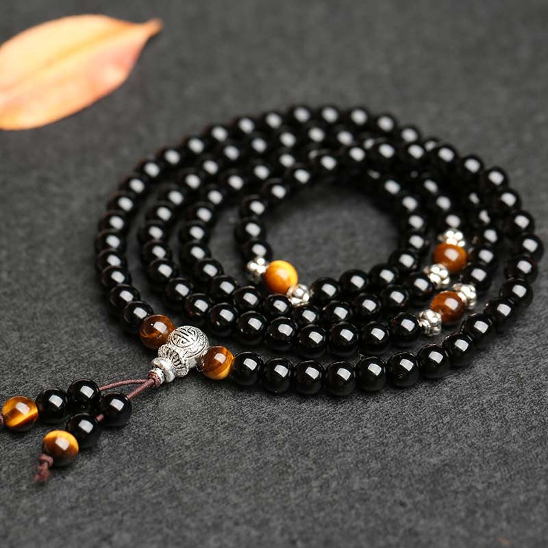 Mala-Armband Damen Unisex Schwarz Obsidian Tigerauge Spiritual