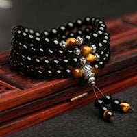 Mala-Armband Damen Unisex Schwarz Obsidian Tigerauge Spiritual