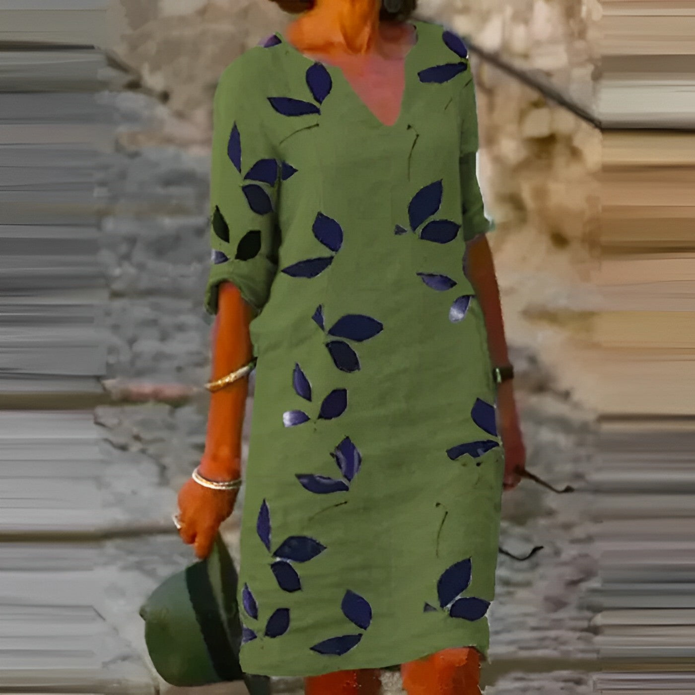 Sommerkleid Damen A-Linie V-Ausschnitt Freizeit Blattmuster