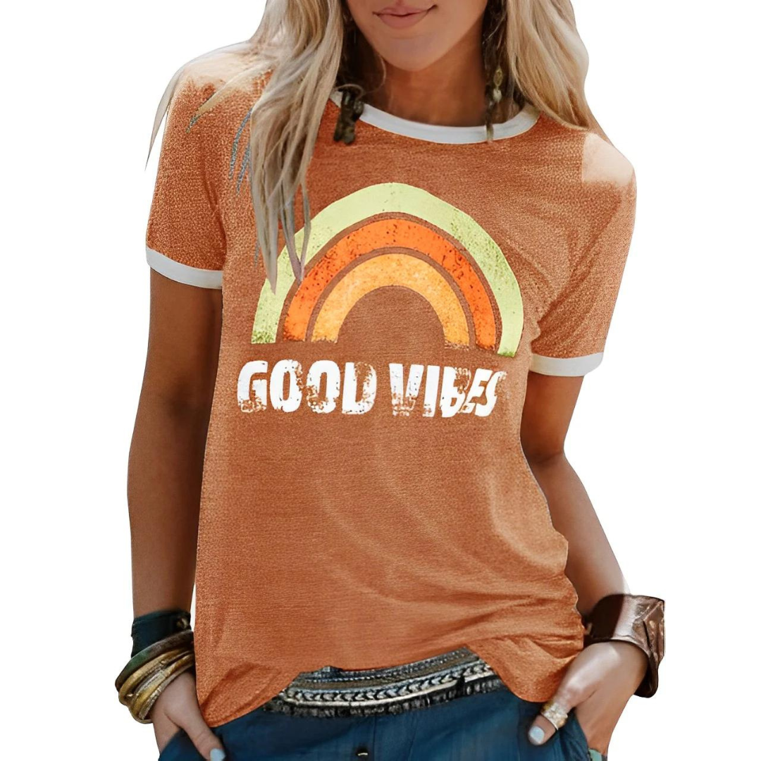 Damen T-Shirt Regular Fit Freizeit mit Regenbogenmuster