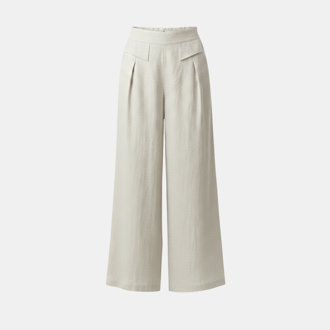 Helle Damen Hose mit hohem Bund, weitem Bein und Taschen für entspannte Momente