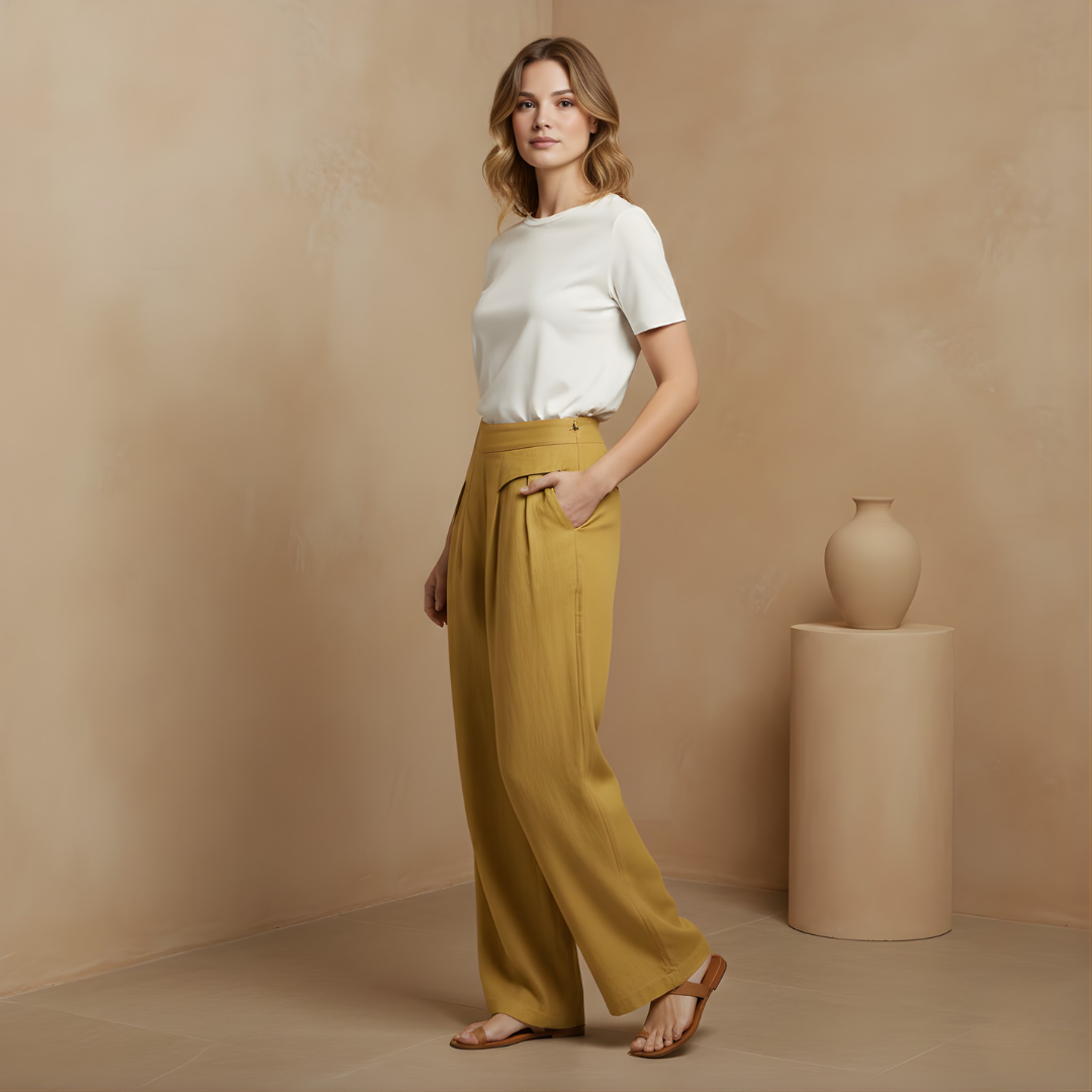 Helle Damen Hose mit hohem Bund, weitem Bein und Taschen für entspannte Momente