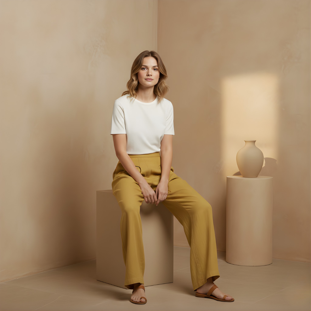Helle Damen Hose mit hohem Bund, weitem Bein und Taschen für entspannte Momente