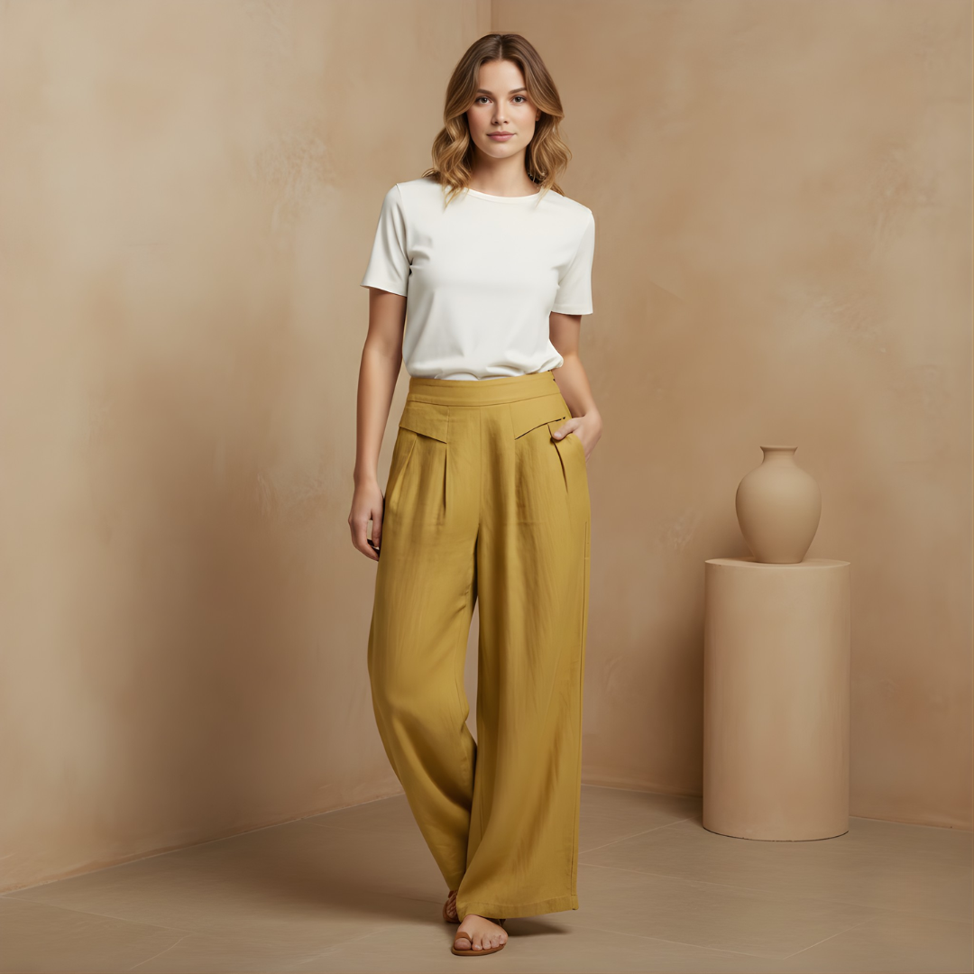 Helle Damen Hose mit hohem Bund, weitem Bein und Taschen für entspannte Momente