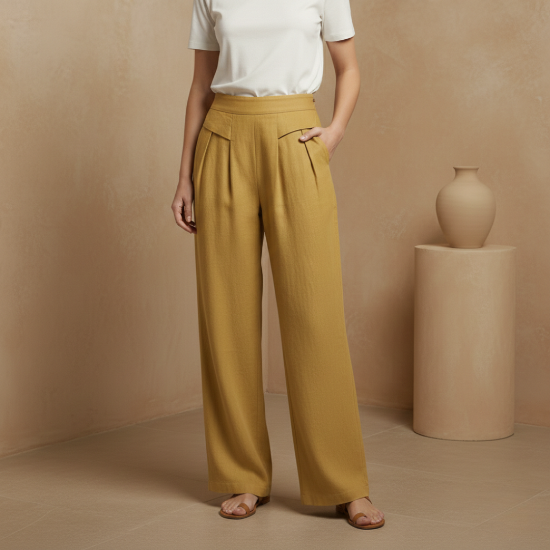 Helle Damen Hose mit hohem Bund, weitem Bein und Taschen für entspannte Momente
