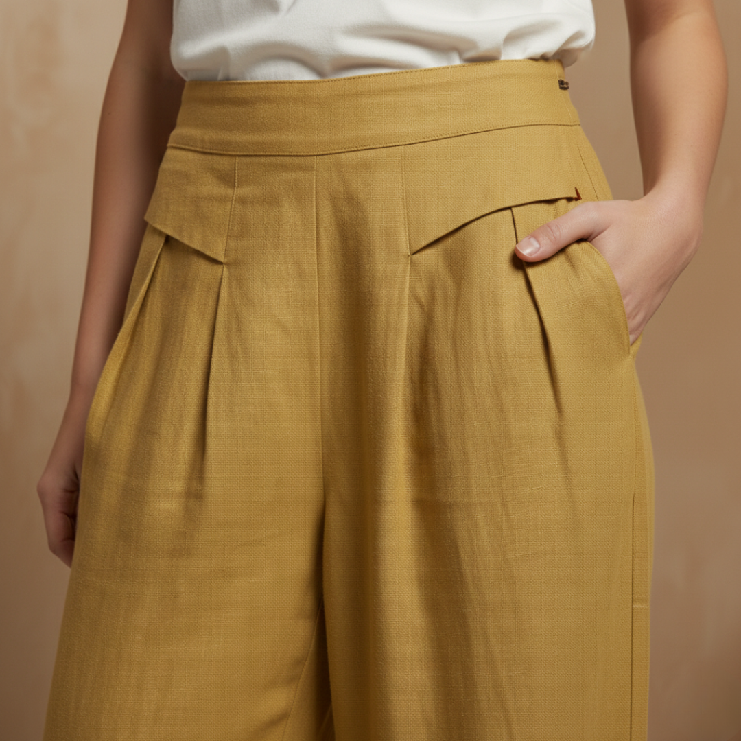 Helle Damen Hose mit hohem Bund, weitem Bein und Taschen für entspannte Momente