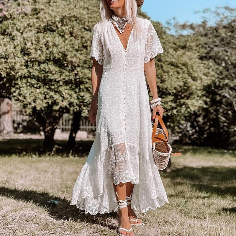 Maxikleid Damen Spitzen V-Ausschnitt Knopfleiste Boho Freizeit Sommer