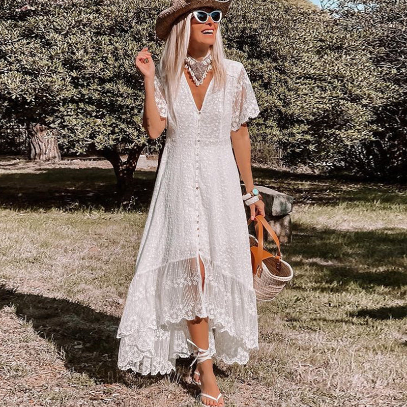 Maxikleid Damen Spitzen V-Ausschnitt Knopfleiste Boho Freizeit Sommer