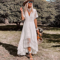 Maxikleid Damen Spitzen V-Ausschnitt Knopfleiste Boho Freizeit Sommer