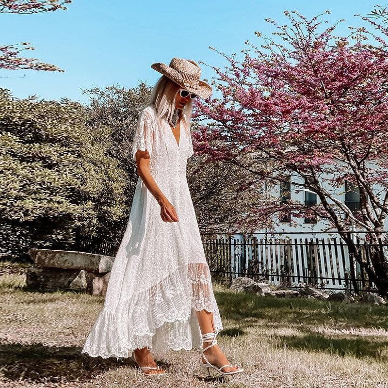 Maxikleid Damen Spitzen V-Ausschnitt Knopfleiste Boho Freizeit Sommer