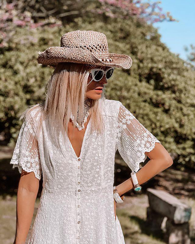 Maxikleid Damen Spitzen V-Ausschnitt Knopfleiste Boho Freizeit Sommer