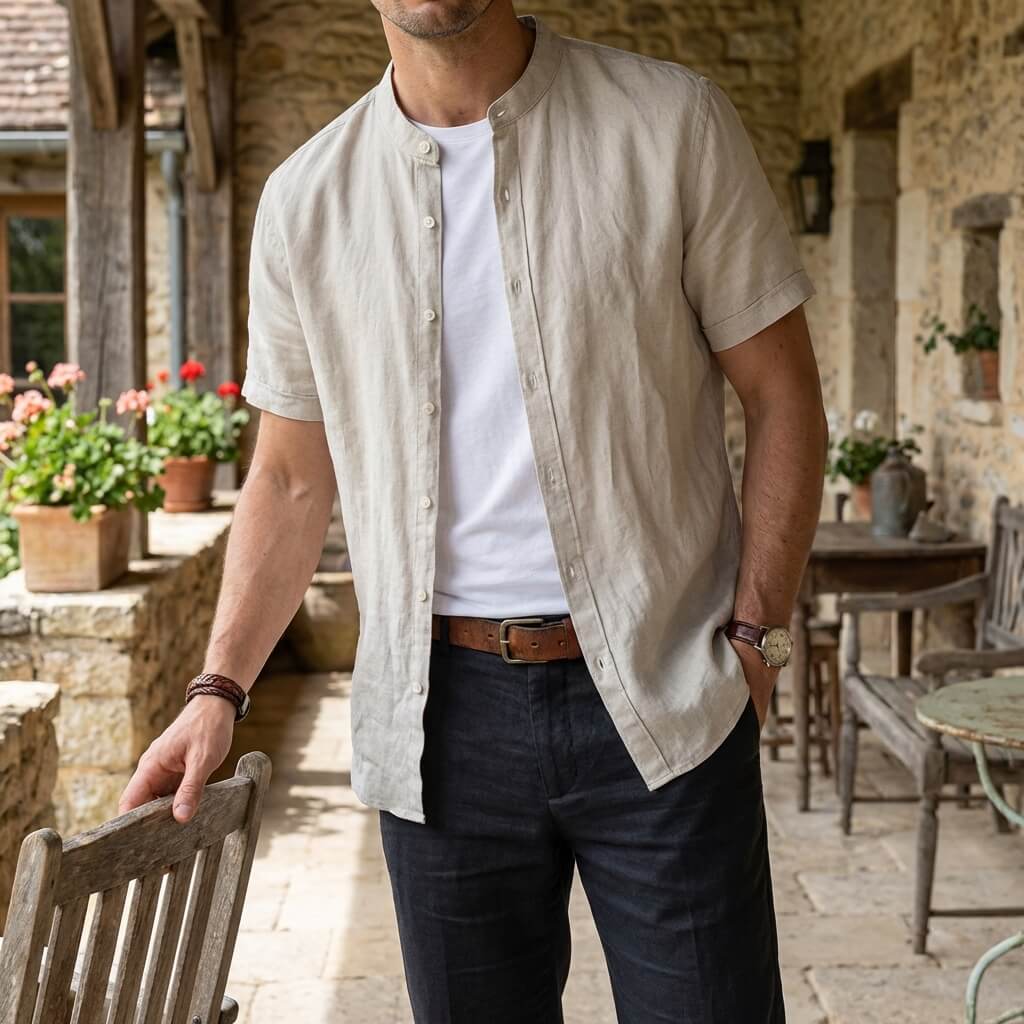 Leinenhemd Herren Kurzarm Stehkragen Casual Regular Fit Sommer