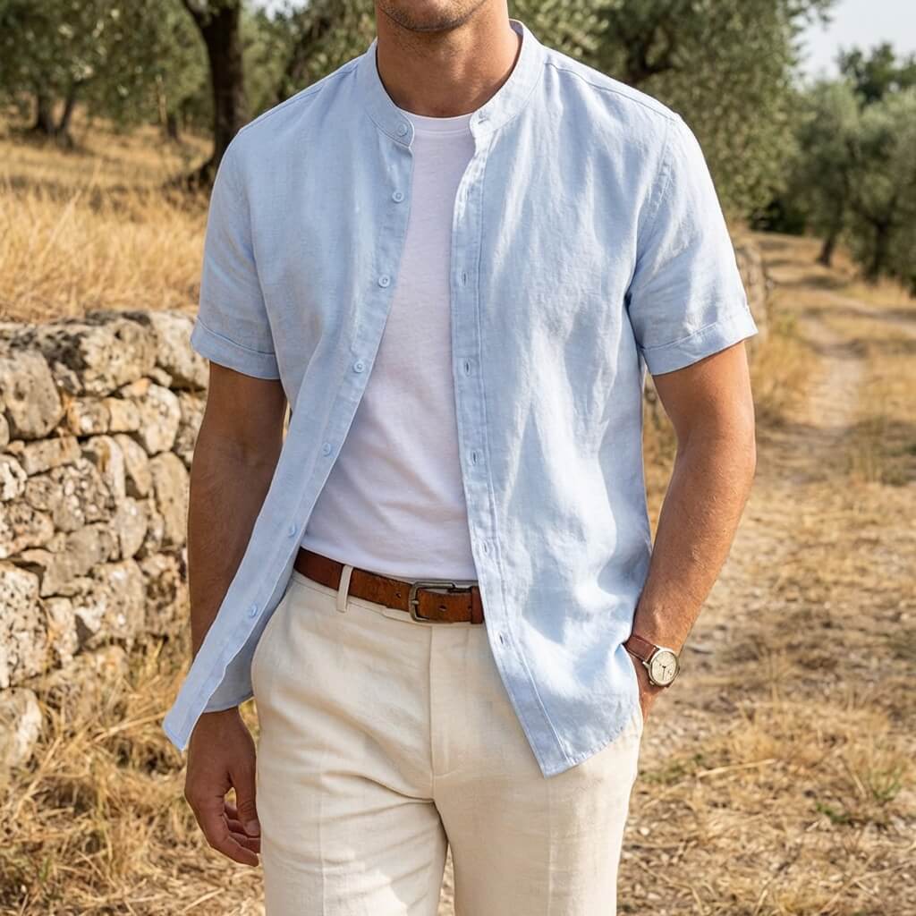 Leinenhemd Herren Kurzarm Stehkragen Casual Regular Fit Sommer