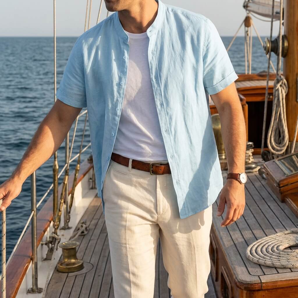 Leinenhemd Herren Kurzarm Stehkragen Casual Regular Fit Sommer