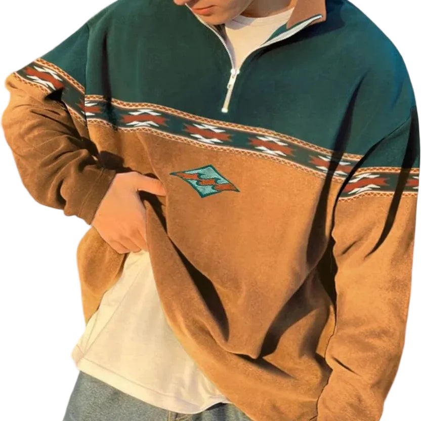 Sweatshirt Herren Stehkragen Halbzip Musterband Langarm