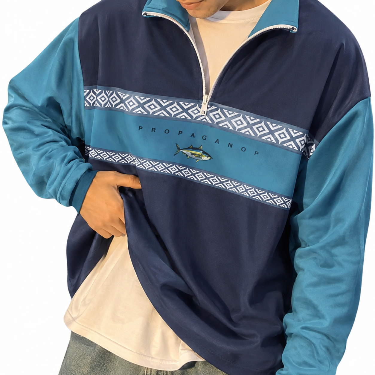 Sweatshirt Herren Stehkragen Halbzip Musterband Langarm