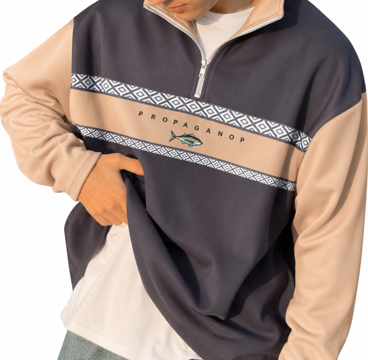 Sweatshirt Herren Stehkragen Halbzip Musterband Langarm