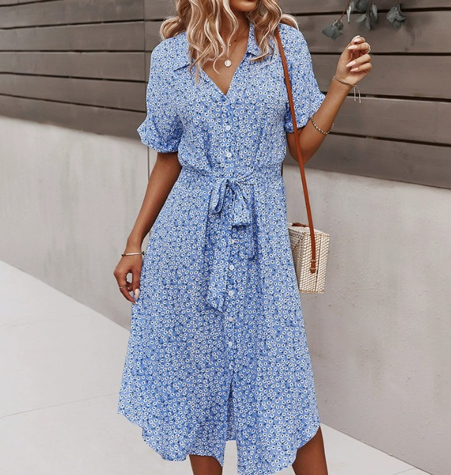 Midi Kleid Damen Leicht Sommer Casual Kurzarm