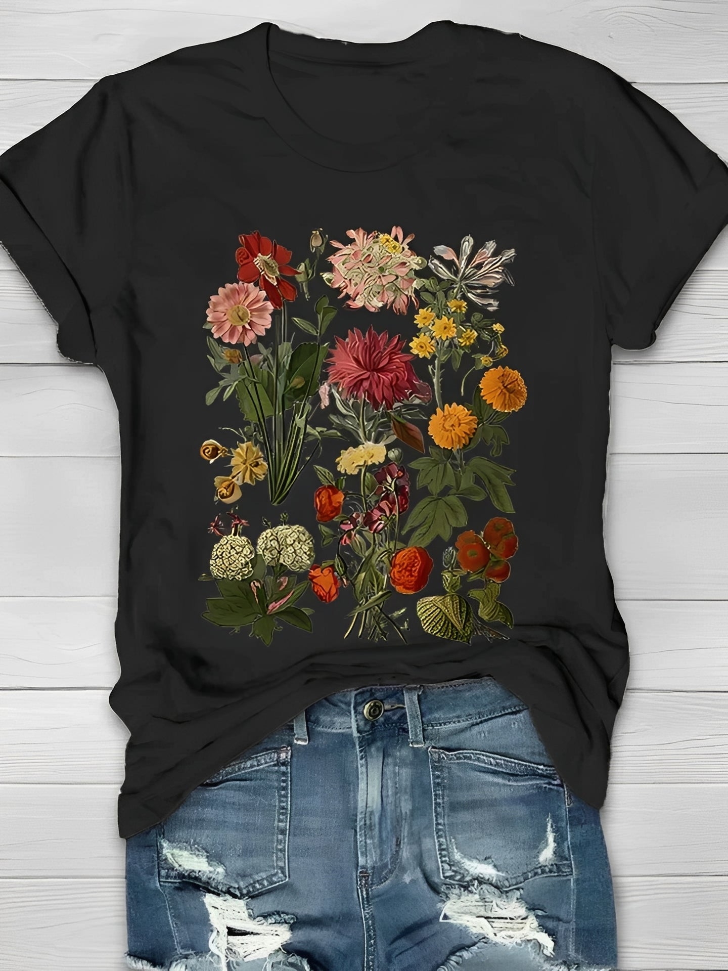 T-Shirt Damen Elegant Vintage Blumenmuster Freizeit