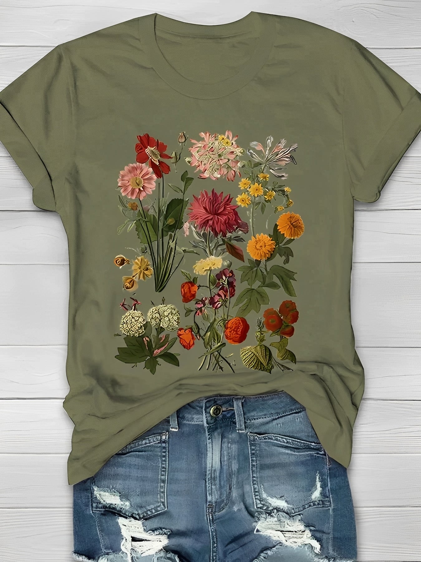 T-Shirt Damen Elegant Vintage Blumenmuster Freizeit